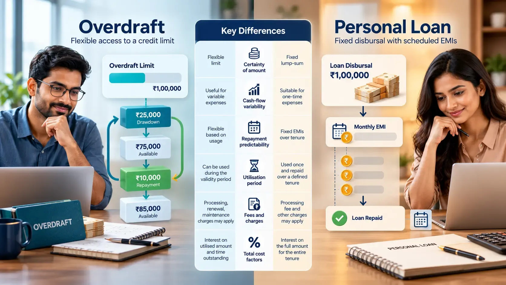 Comparison of overdraft and personal loan repayment and borrowing structures